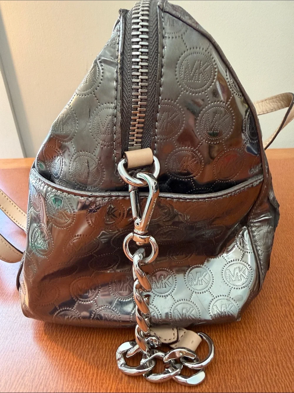 Michael Kors Metallic Silver Satchel with Cream Handles